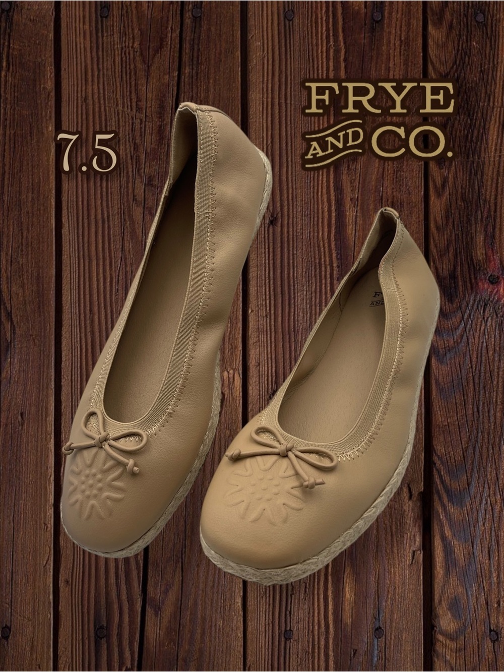 FRYE AND CO. Willow Espadrille Ballet Flats Tan Bow Embossed Floral Size 7.5